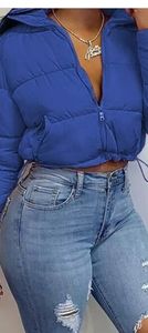 Blue waist line puffer coat